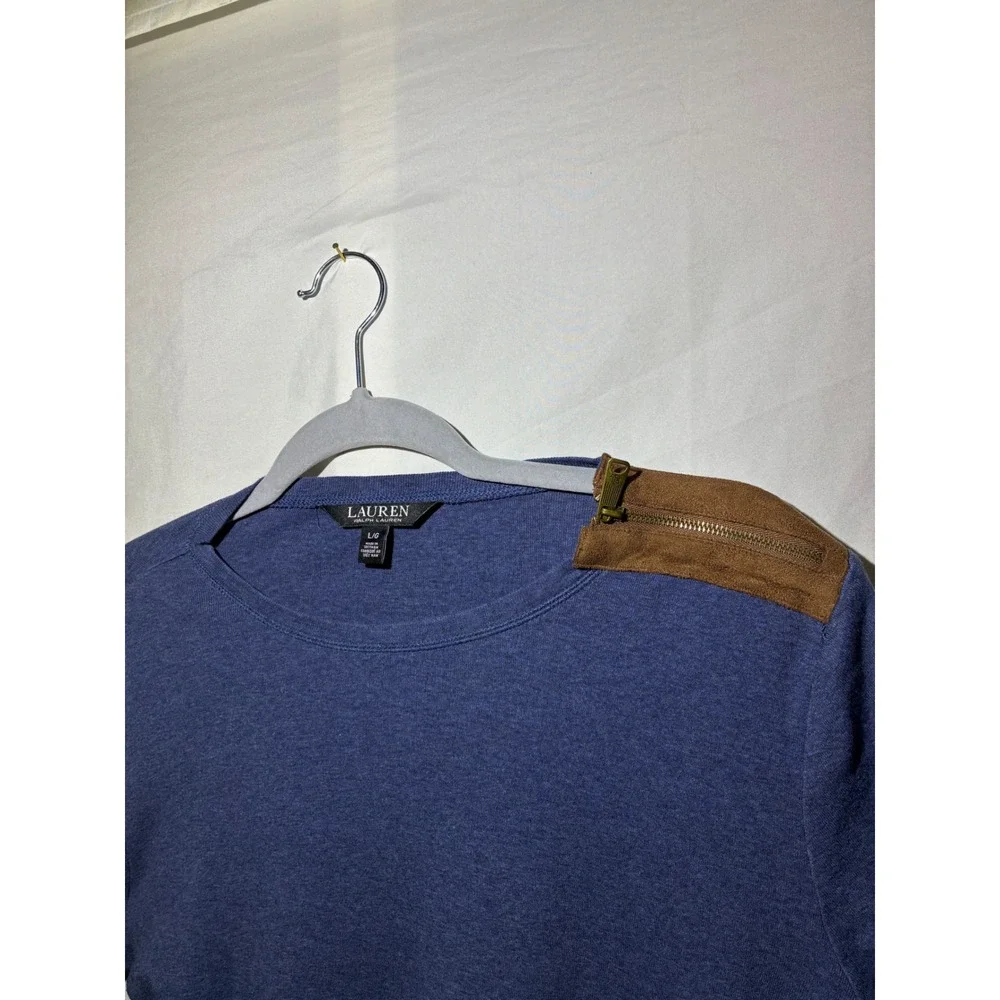Lauren Ralph Lauren Blue Long Sleeve Top Faux Suede Elbow Patch Zipper L
